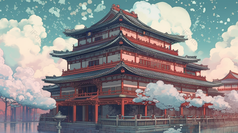 蓝色手绘国潮风中式建筑亭台楼阁背景,插画/手绘图,插画/手绘图库,插画/手绘图下载,插画/手绘